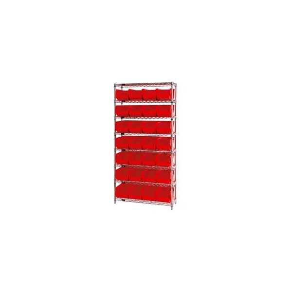 Global Industrial Chrome Wire Shelving w/ 28 Stacking Red Bins, 36inW x 14inD x 74inH, Gray 268928RD - main